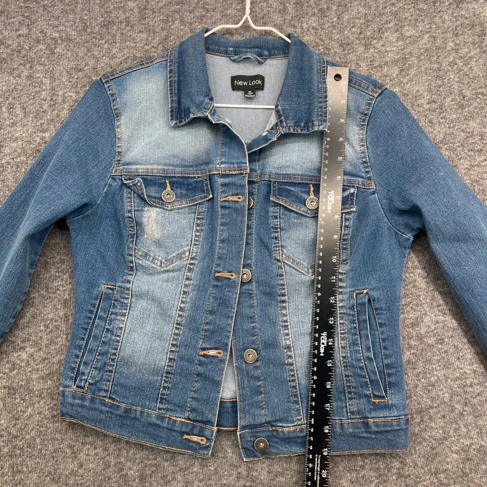 New Look Womens Medium Wash Distressed Stretch Denim Trucker Jacket Blue Size M